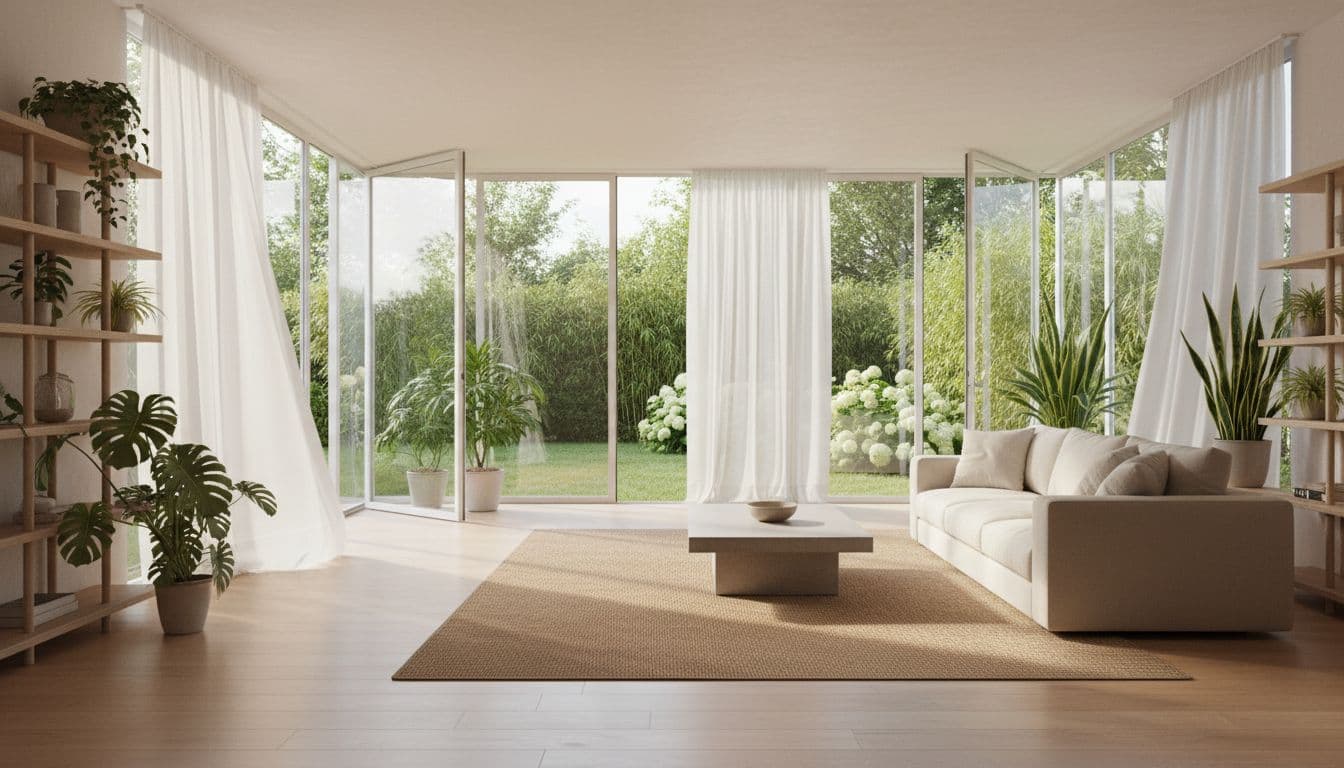 Bright living room with windows and doors wide open, moving curtains implying fresh breeze, tidy surfaces without clutter, sunlight streaming in, houseplants on shelves, and clean floors in warm morning light.