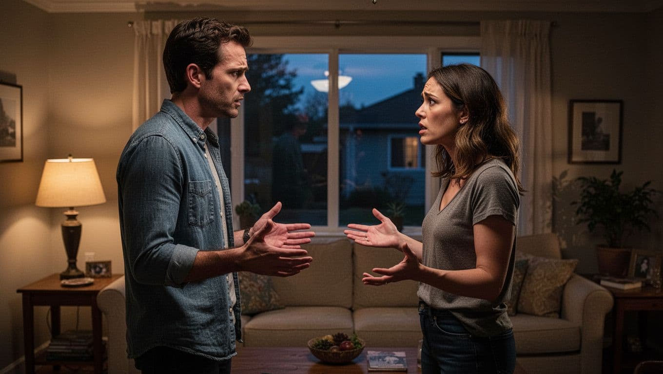 Man and woman face each other tensely in living room at dusk, one gesturing with open palms, expressions of frustration and hurt under dim lamp light.