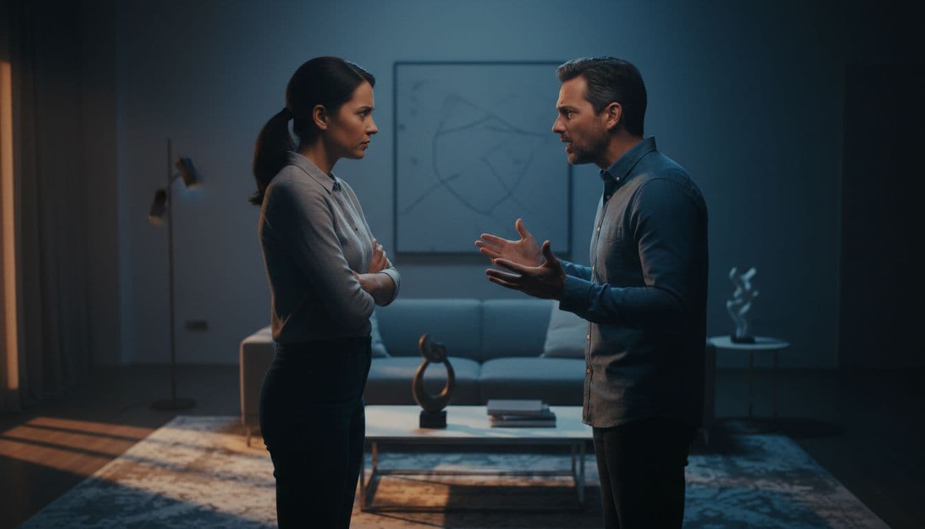 Two adults face each other tensely in a dimly lit modern living room, one with crossed arms and frustrated expression, the other gesturing emphatically, dramatic side lighting casting long shadows to show emotional conflict.