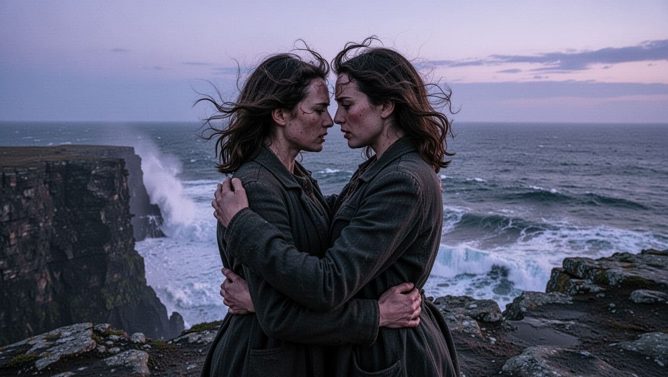A couple in a passionate yet tense embrace on a rocky cliffside at twilight, with ocean waves crashing below and moody purple-blue lighting conveying intense emotional bonds of longing and pain.