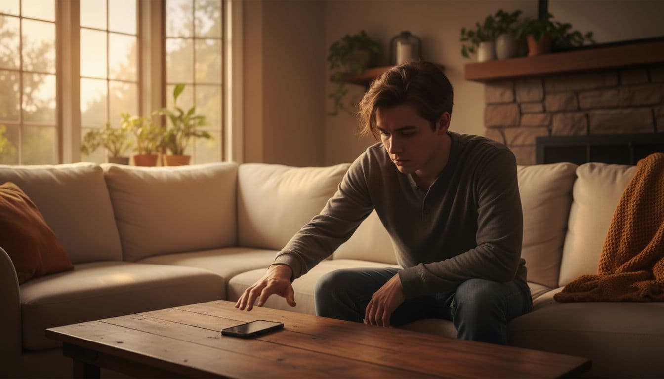A young adult sits alone on a couch in a cozy living room, shoulders hunched in tension, hand near an untouched phone, face showing quiet dread and fatigue under soft evening light.