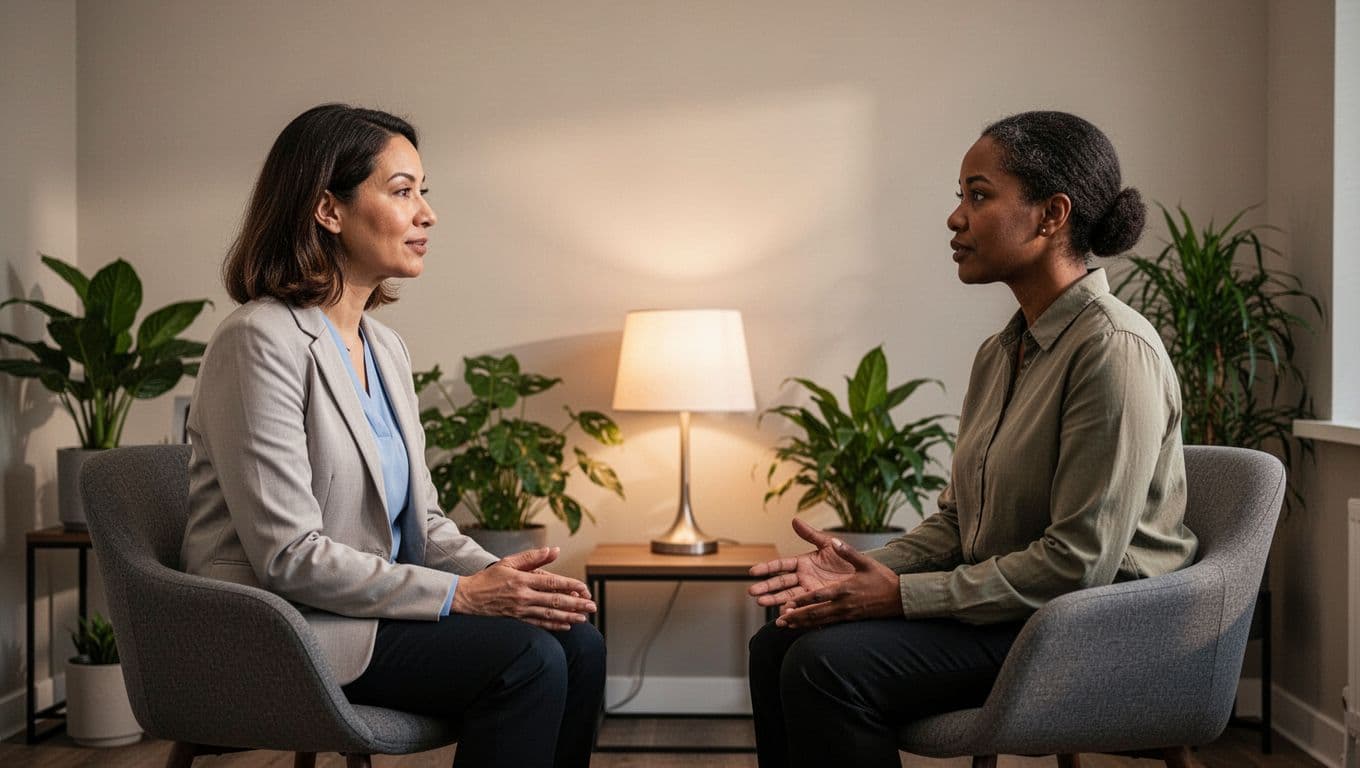 Therapist and adult client face each other in a simple office with plants and soft lamp light, client relaxed mid-conversation with hands in lap.