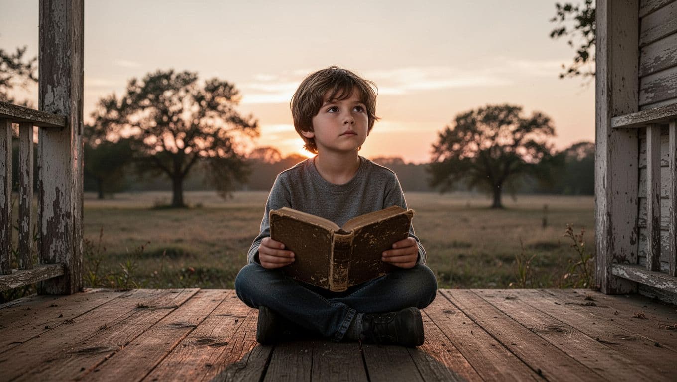 A single 8-year-old child sits alone on an old wooden porch at dusk, holding an open ancient book and gazing thoughtfully into the distance with a calm, mature expression amid a serene rural backdrop.