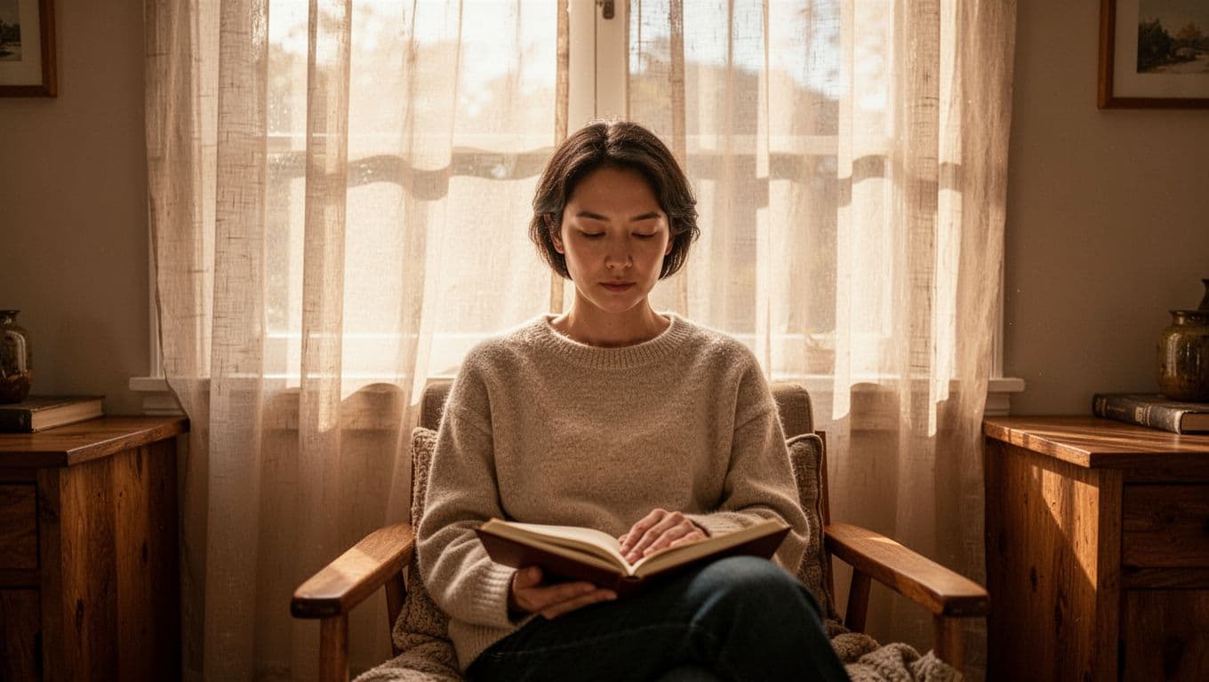 A single person sits quietly by a sunlit window in a cozy room, gazing thoughtfully at a notebook in their lap, with soft natural light filtering through sheer curtains.