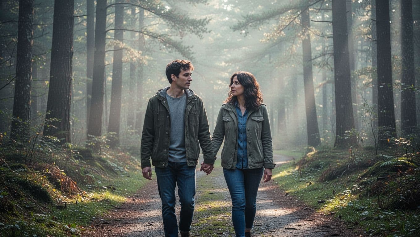 Couple walks hand-in-hand on misty forest path, thoughtful expressions in soft morning light through trees.
