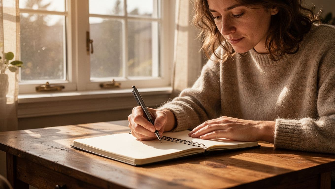 A single person sits at a wooden desk by a large window in a cozy room, journaling thoughtfully with a pen resting on the page as morning light streams in, captured in an intimate close composition with warm soft lighting.