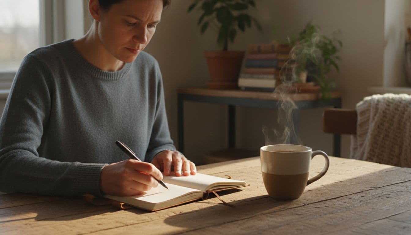 A person sits at a wooden kitchen table bathed in morning light, writing thoughtfully in an open notebook with pen in hand and a steaming coffee mug nearby, showing a calm and focused expression in a cozy home interior.