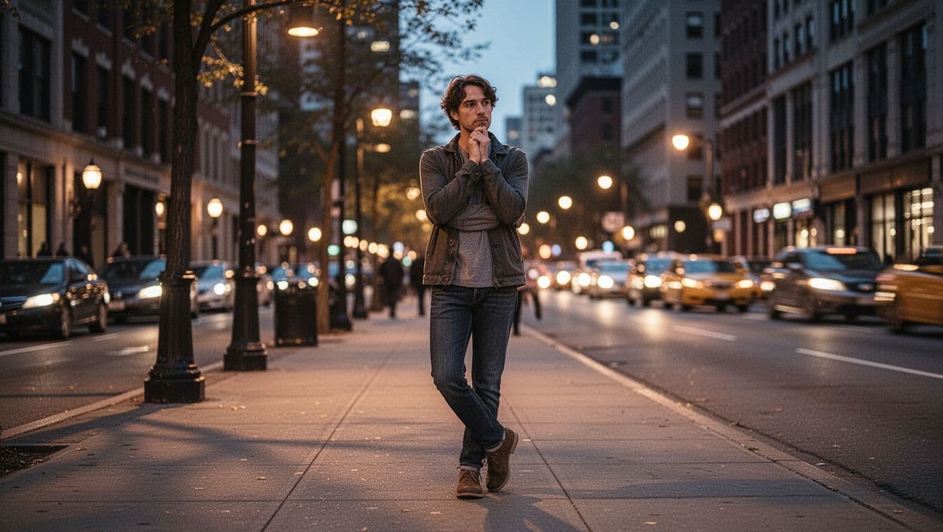 A person stands thoughtfully on an everyday city street at dusk, pausing mid-step with hand on chin under soft warm streetlight glow, surroundings slightly blurred to evoke reflection in a realistic photo style.