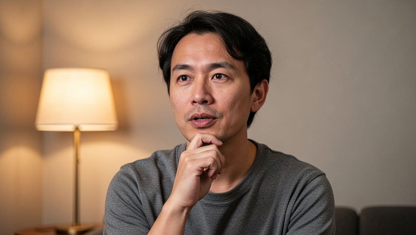 A person pauses thoughtfully with finger on chin in a quiet room with soft lamp light, realistic portrait style with gentle lighting.