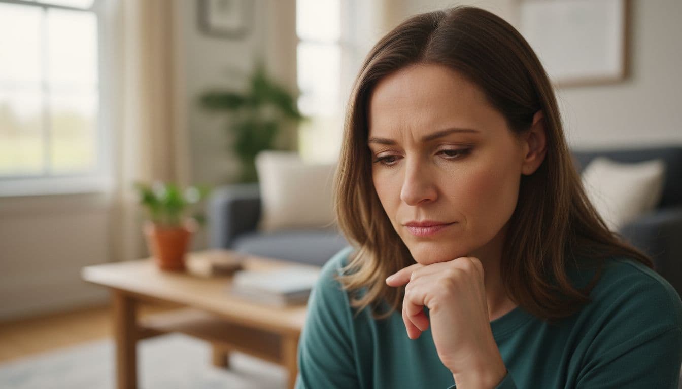Close-up of a person pausing thoughtfully with hand on chin and calm expression during a heated argument in a living room, natural daylight.