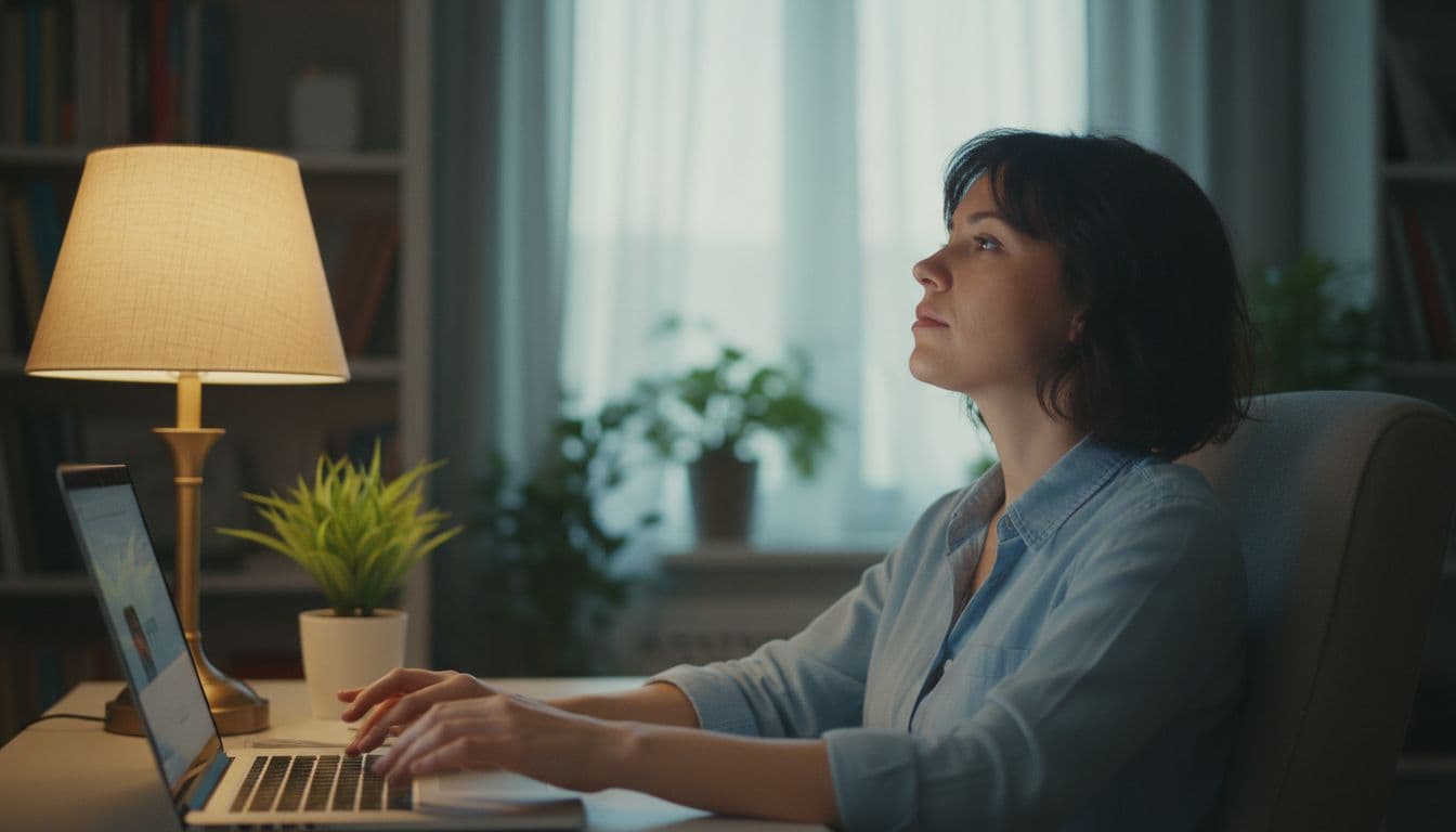 A lone person in a serene home office pauses reflectively before typing on a laptop, illuminated by soft lamp light, noticing an emotional trigger.