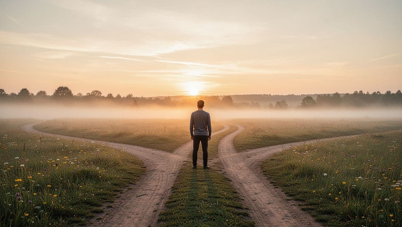 A single person stands thoughtfully at a crossroads in a serene dawn landscape with soft golden light, gazing at the horizon amid a peaceful atmosphere symbolizing new beginnings and intention setting.