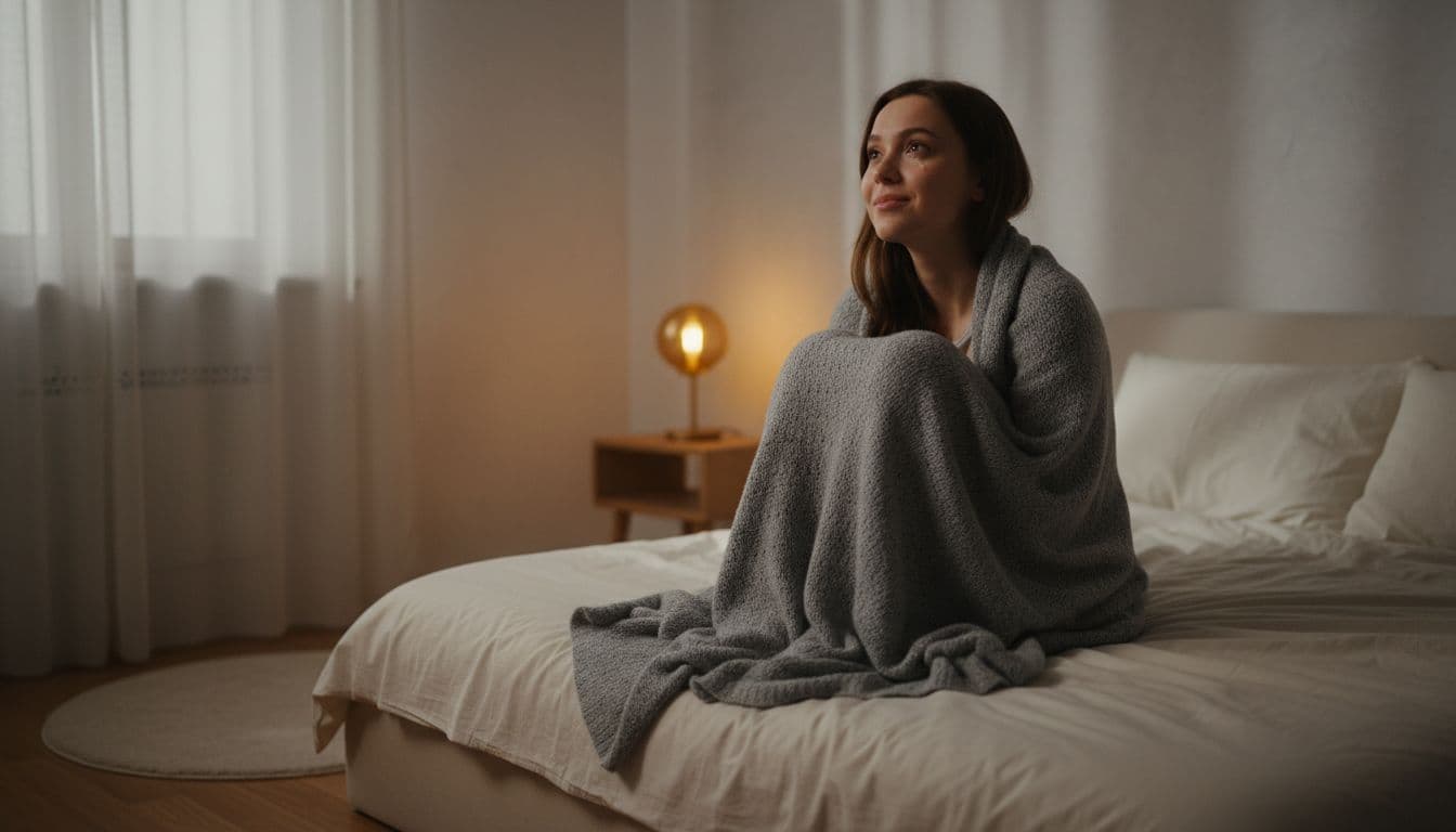 A young adult woman sits alone on a bed in a softly lit bedroom at night, staring thoughtfully into the distance with a dawning realization on her face, illuminated by warm lamp light.