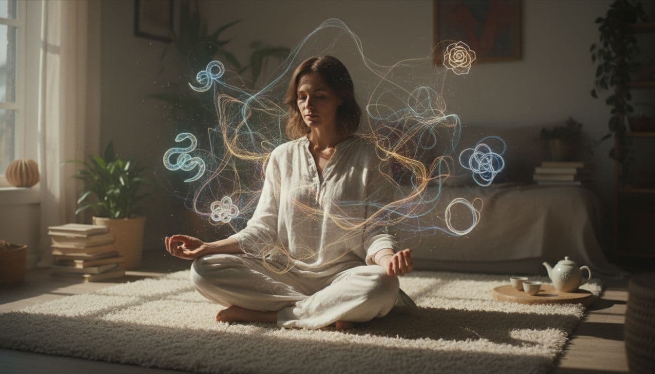 A thoughtful woman seated cross-legged on a soft rug in a cozy room, surrounded by faint glowing threads forming emotional patterns like a web, gazing inward reflectively with natural window light.