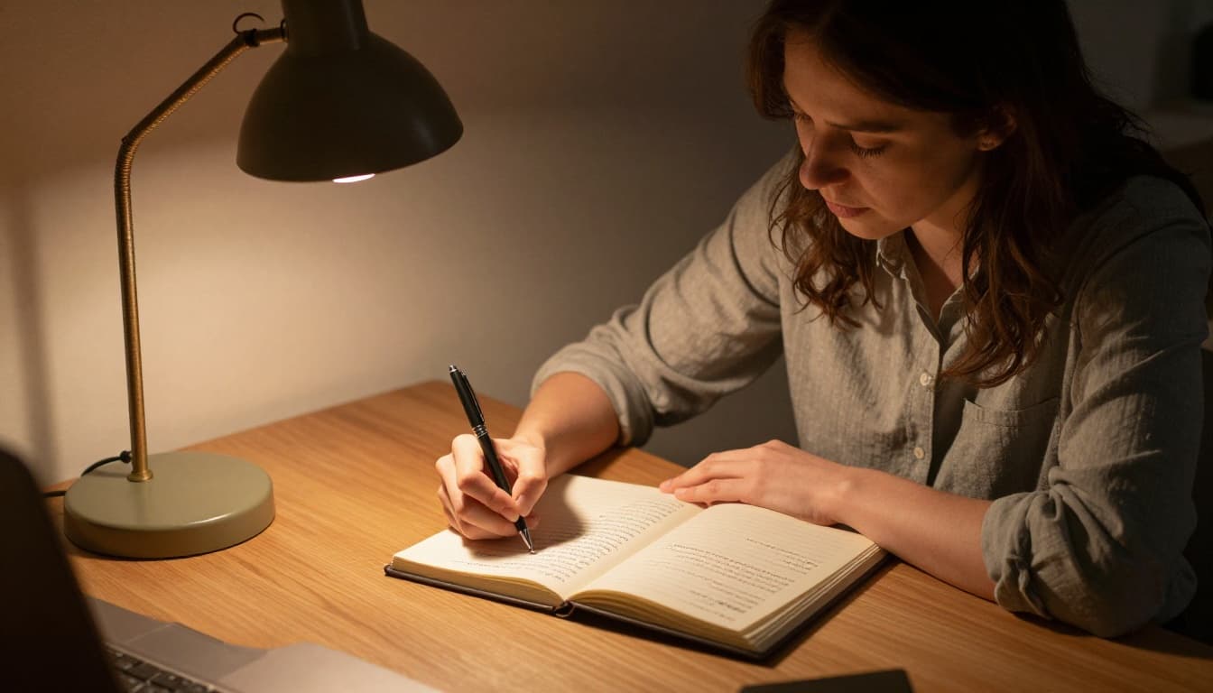 Woman in her 30s sits at wooden desk writing in open journal with pen in softly lit room.