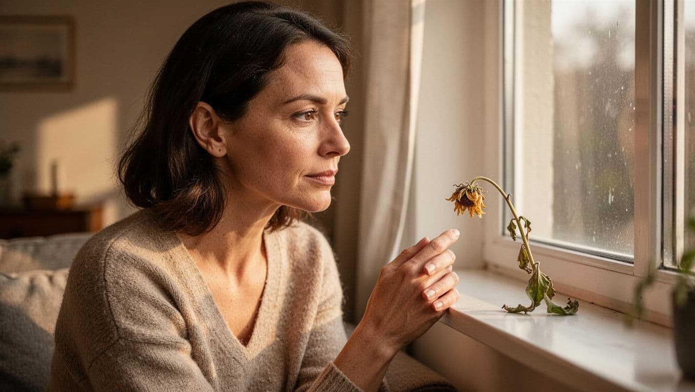 A thoughtful woman sits alone in a softly lit living room, eyes fixed on a small wilting flower on the windowsill catching subtle morning light, her face showing quiet awareness with one hand gently near the petal.