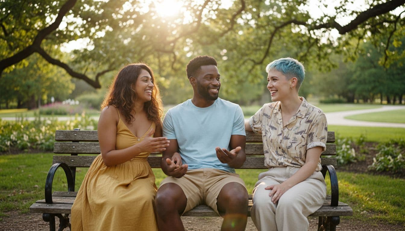 Three diverse friends sit comfortably together on a sunny park bench, smiling and chatting relaxedly with natural gestures as warm afternoon sunlight filters through the trees.