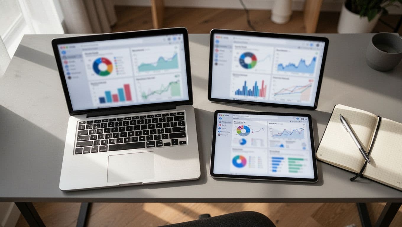 Top-down view of desk with laptop showing blurred analytics graphs, TikTok tablet, notebook, and pen.