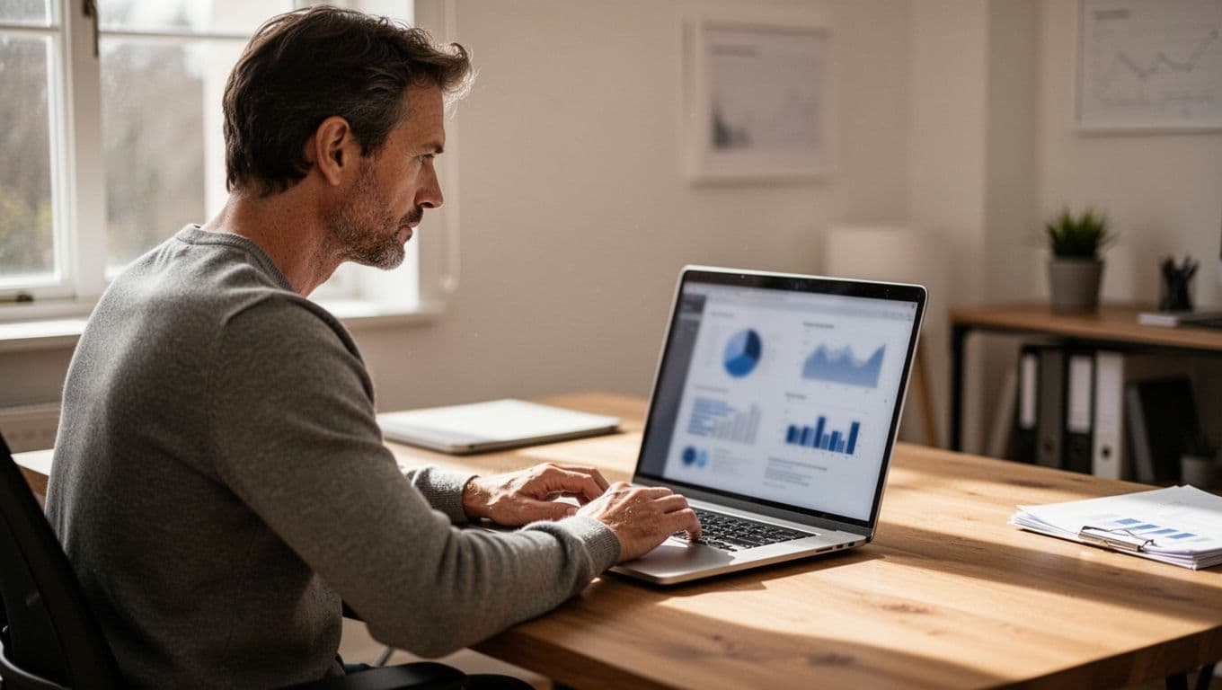 Person at home office desk thoughtfully views blurred TikTok analytics dashboard on laptop.
