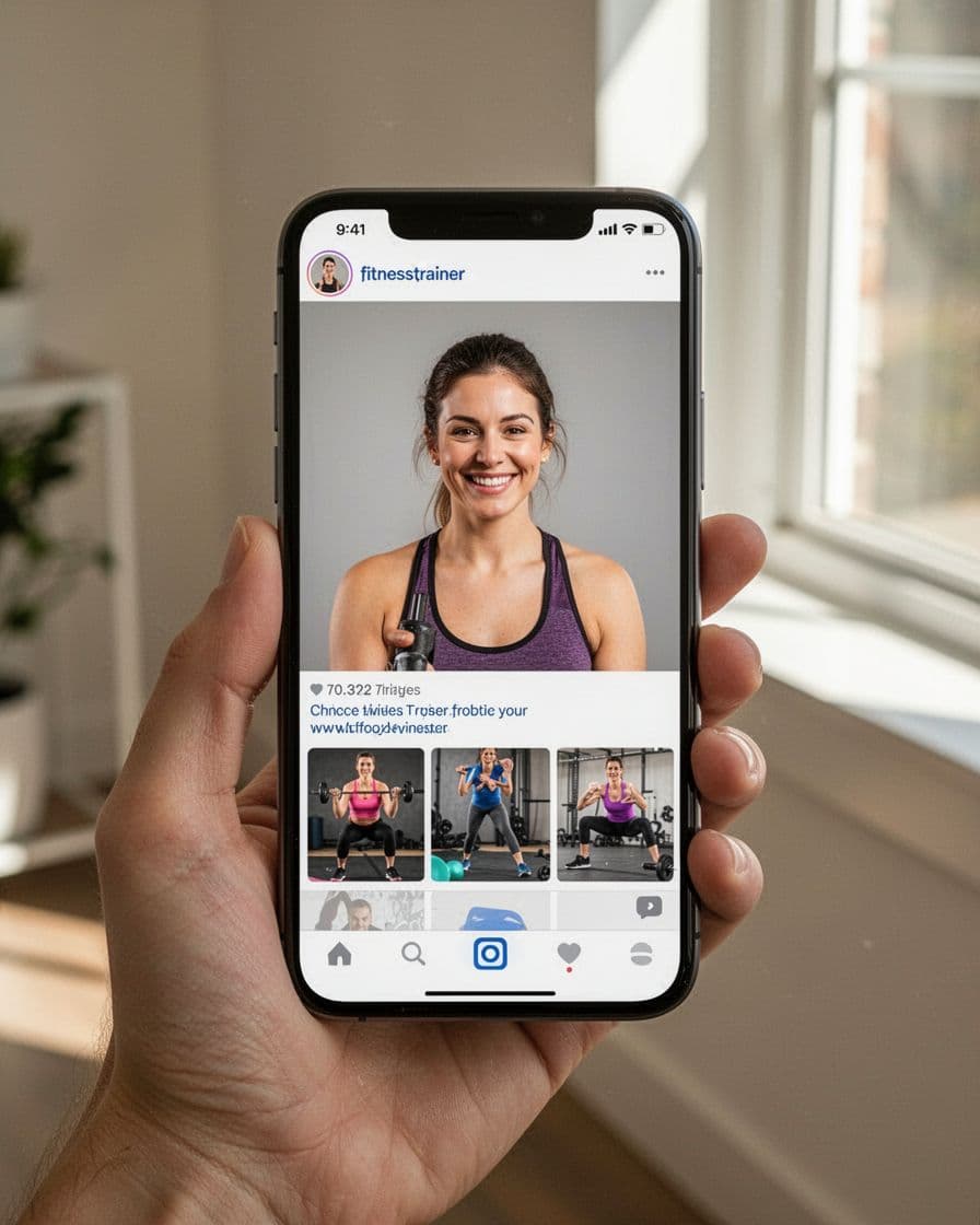 Hand holds smartphone displaying TikTok fitness profile with trainer photo, bio, and pinned workout thumbnails.