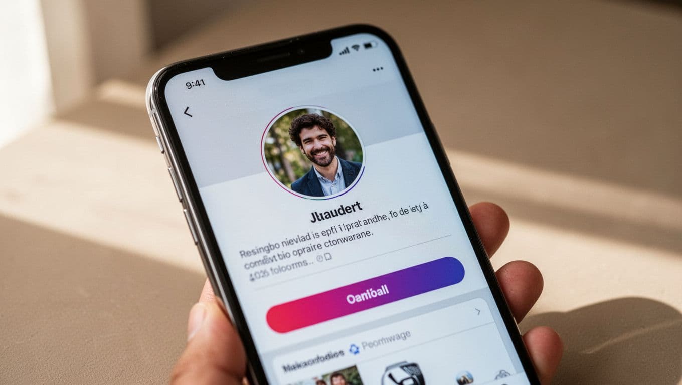 Smartphone screen close-up displays TikTok profile page with reviewer profile picture, bio text, and link in bio button.