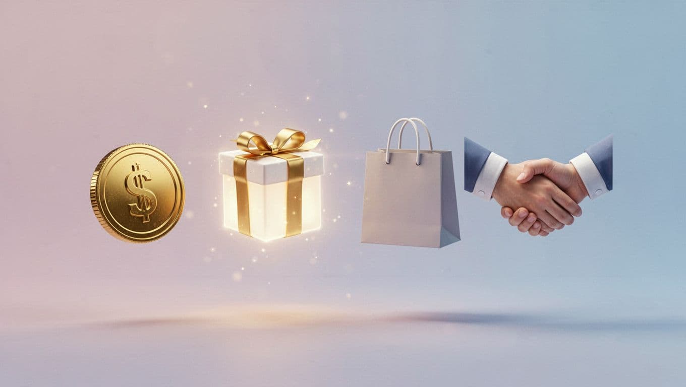 Split scene with four icons: reward coin, live gift animation, shopping bag, brand handshake on pastel background.