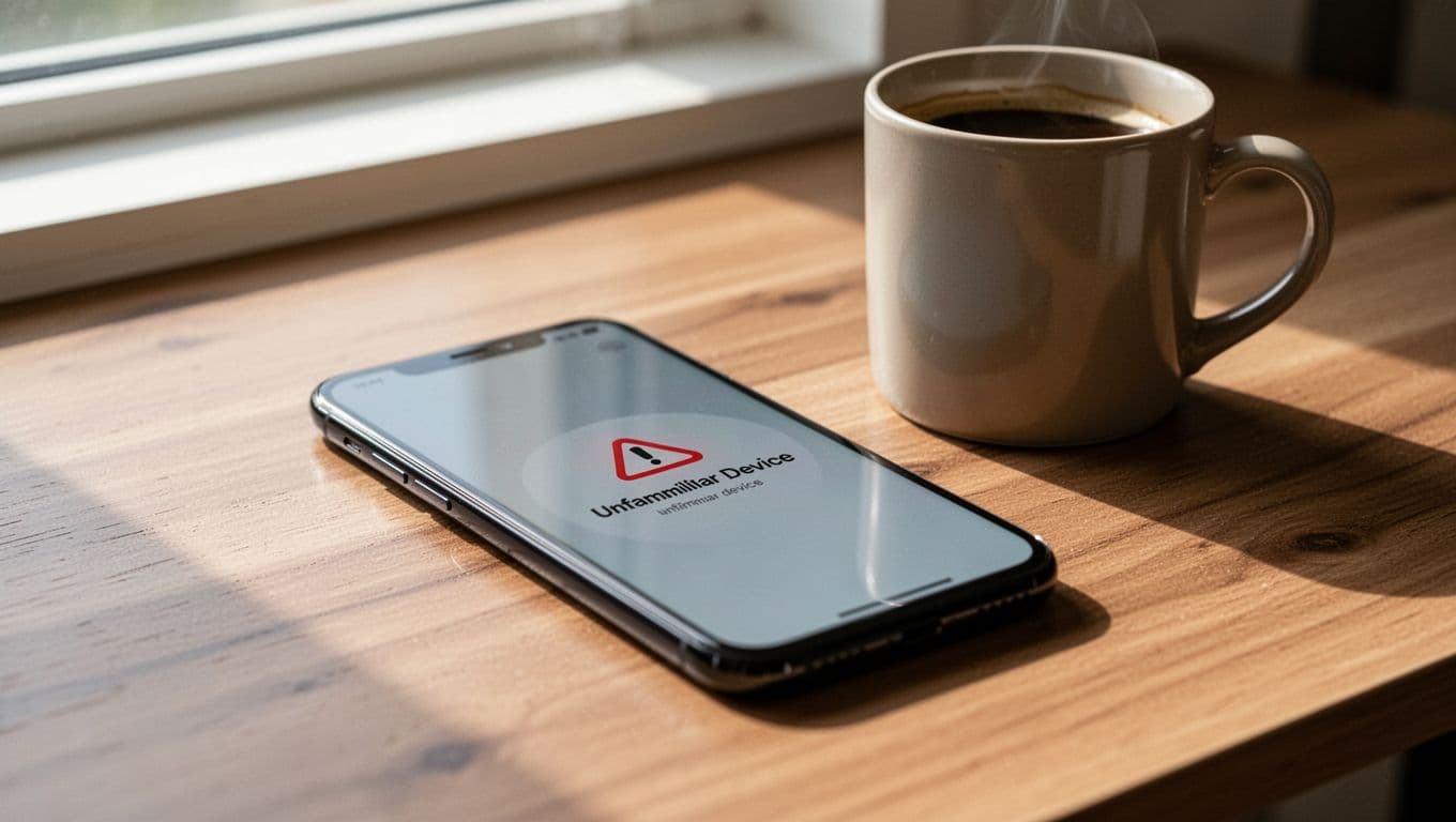 Smartphone screen displays login prompt with unfamiliar device alert on desk beside coffee mug.