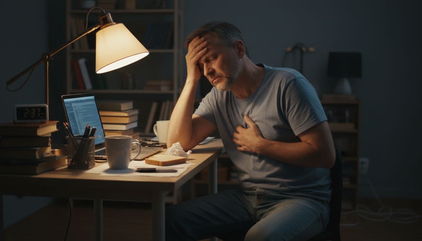 Middle-aged man in casual clothes sits at a cluttered home desk late at night, hand on forehead looking exhausted as his laptop glows softly, subtly ignoring chest discomfort under warm lamp light.