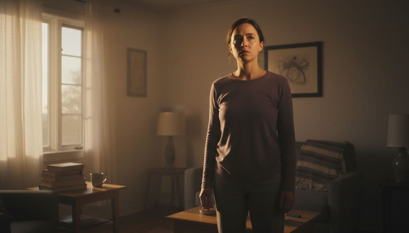 A tired person pauses in a quiet home setting, eyes reflecting deep realization and resolve, bathed in soft evening light through the window amid simple personal items.