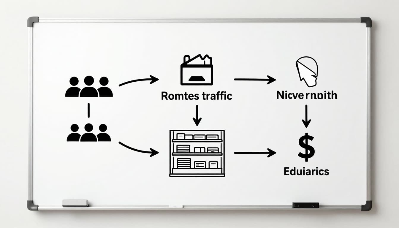 Whiteboard flowchart with arrows from people icons to mouse pointer, conversion funnel, product shelf, and dollar signs.