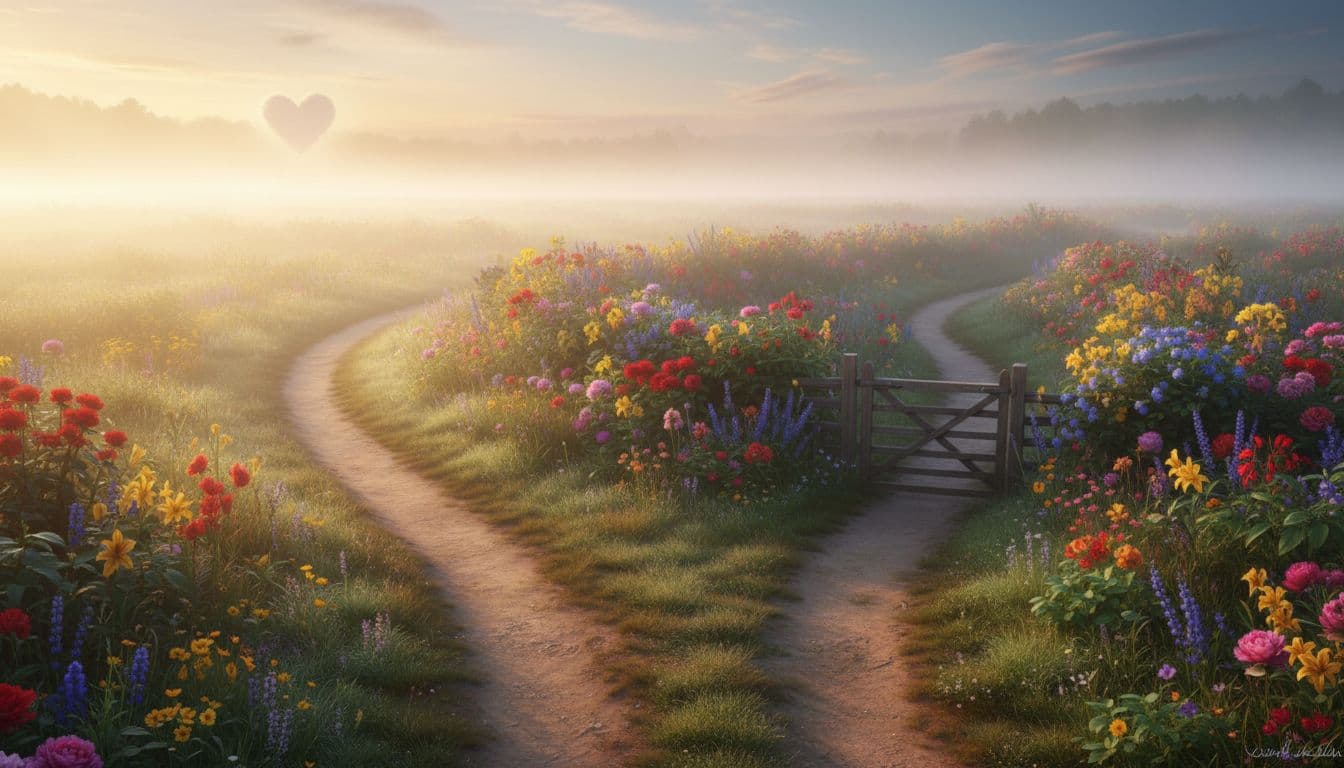 Two gentle paths diverge in a misty meadow under soft sunlight, one leading to a glowing horizon with subtle heart-shaped clouds, the other to a vibrant blooming garden, symbolizing serene duality in a peaceful natural landscape.