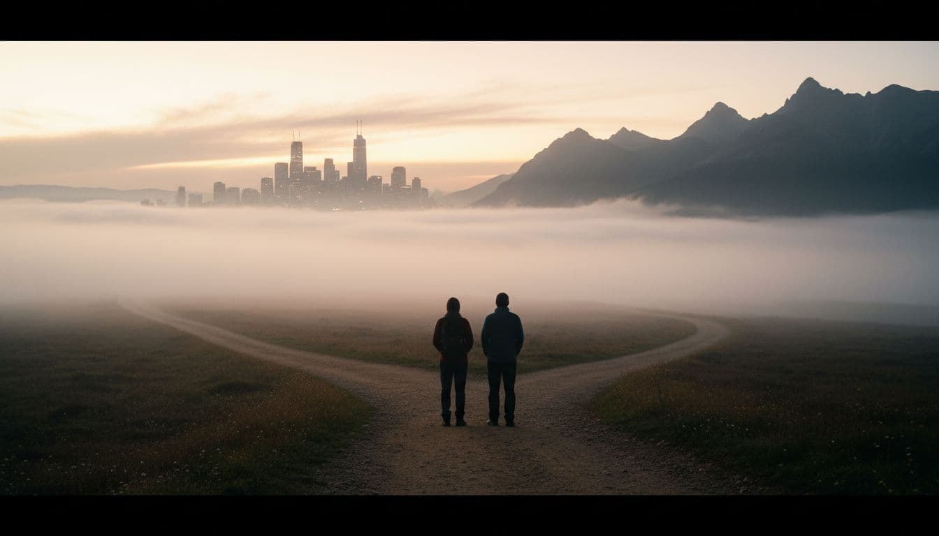 Two silhouetted figures stand on a foggy path forking toward a city skyline and serene mountains, bathed in dawn light filtering through mist. Realistic photographic style with earthy tones symbolizes why twin flame connections may not lead to romance.