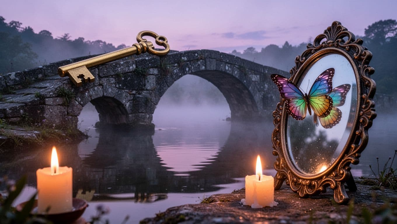 A surreal twilight dream landscape featuring a golden key resting on a stone bridge over calm reflective water, a large antique mirror reflecting a colorful butterfly perched on it, and a single flickering candle in the foreground, enveloped in misty ethereal fog with soft purple and blue lighting.