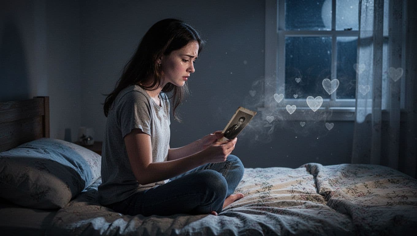 A young woman sits cross-legged on a bed in a dimly lit bedroom at night, gazing at an old photo in her hands with longing and pain, faint heart symbols dissolving in the air.