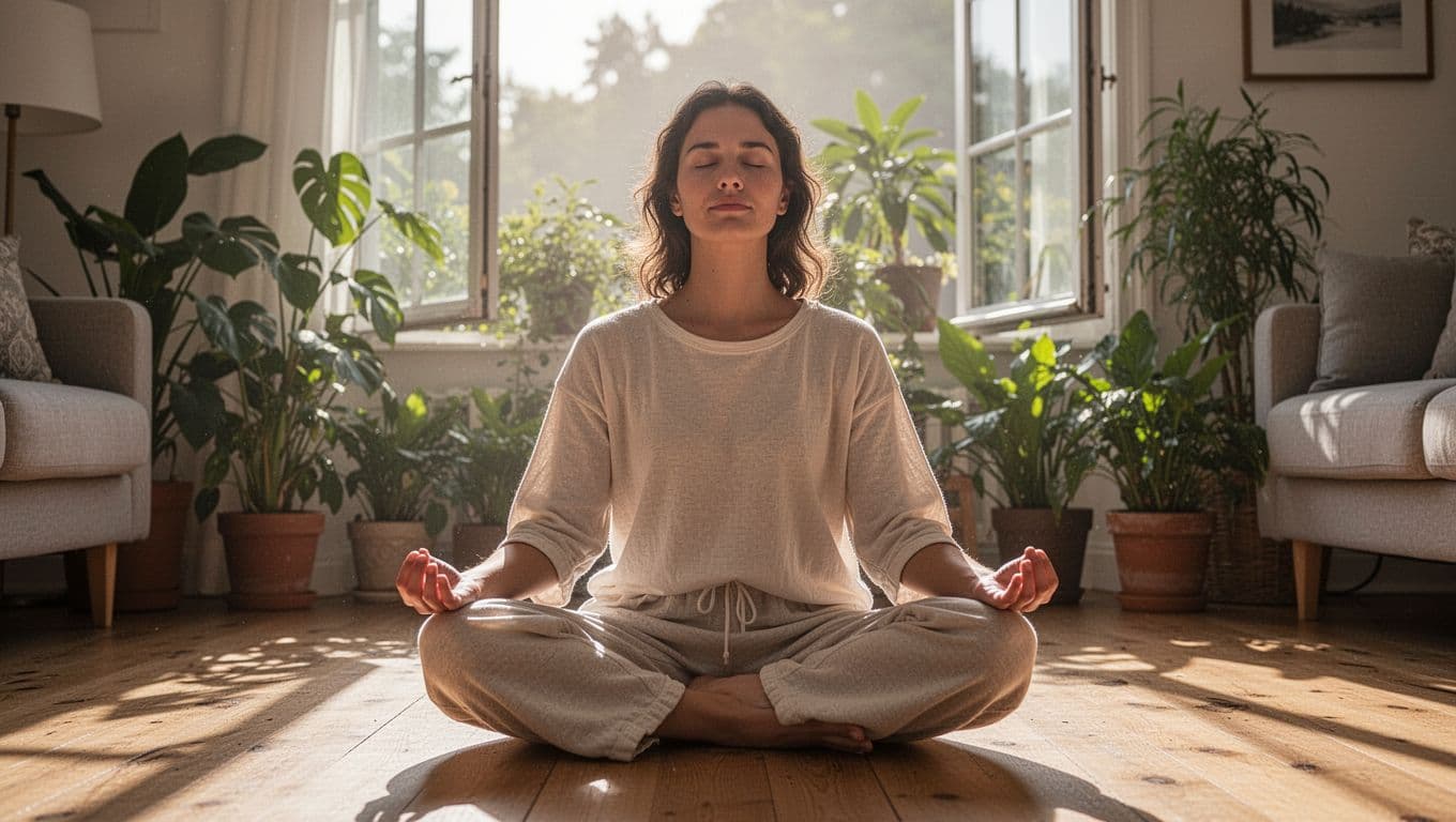 A person in loose comfortable clothes sits on a wooden floor in a sunlit living room, eyes closed in meditation with hands resting on knees, peaceful expression amid plants and an open window.