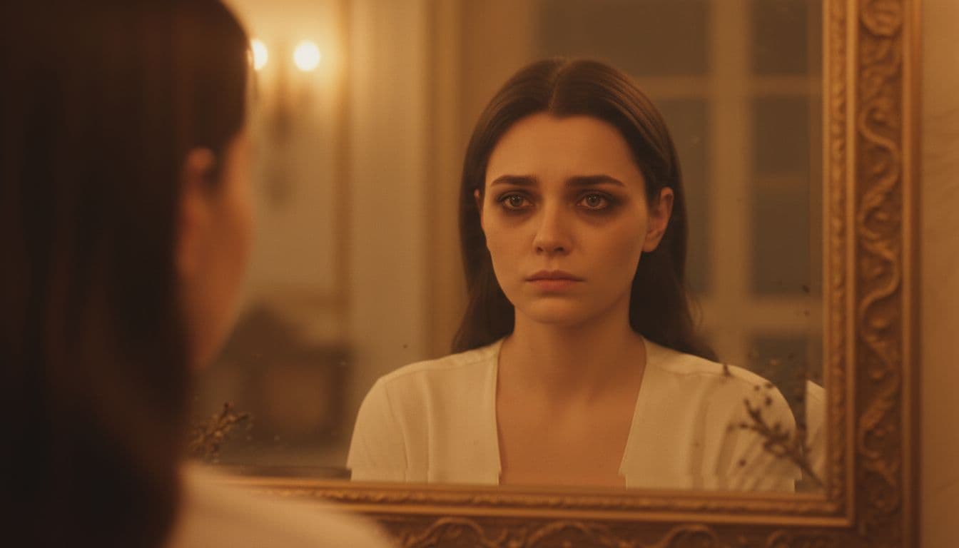 A calm person faces a large mirror in a softly lit room, their reflection revealing subtle emotional turmoil with shadowed eyes and tense posture, illustrating the mirror dynamic in twin flame bonds.