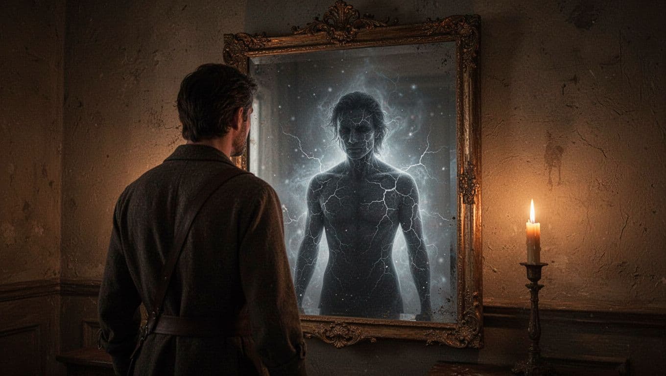 A person stands before a large antique mirror in a dimly lit room, reflection showing shadowy figure with faint cracks like emotional scars on skin, soft ethereal glow, dramatic candlelight.