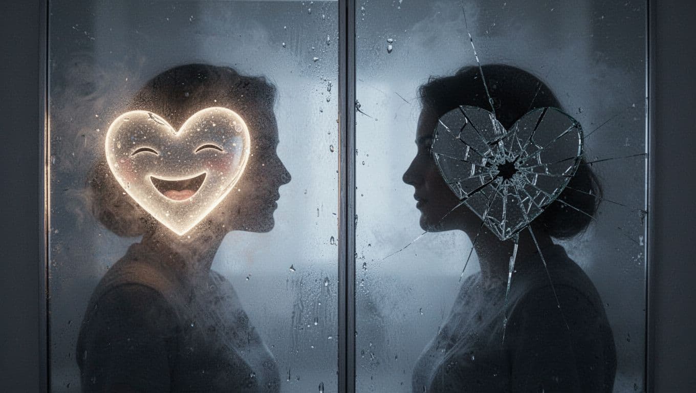 Close-up of two silhouetted figures facing each other across a foggy mirror, one with a glowing joyful heart, the other a cracked shadowy heart, in ethereal blue lighting, symbolizing buried emotional wounds in twin flame bonds.