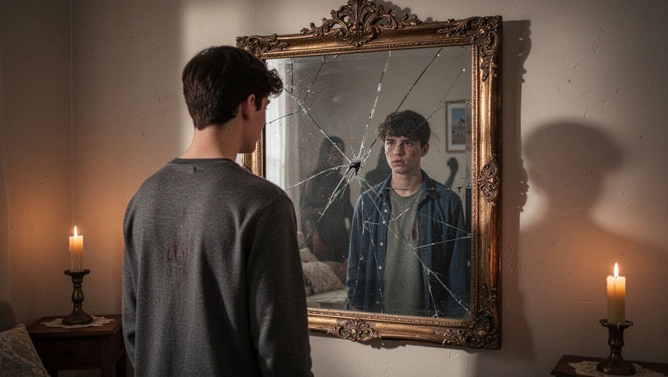 A single young adult standing in front of a large ornate mirror in a softly lit cozy room, with the reflection subtly distorting to show faint shadows and cracks symbolizing inner emotional wounds, illuminated by warm candlelight.