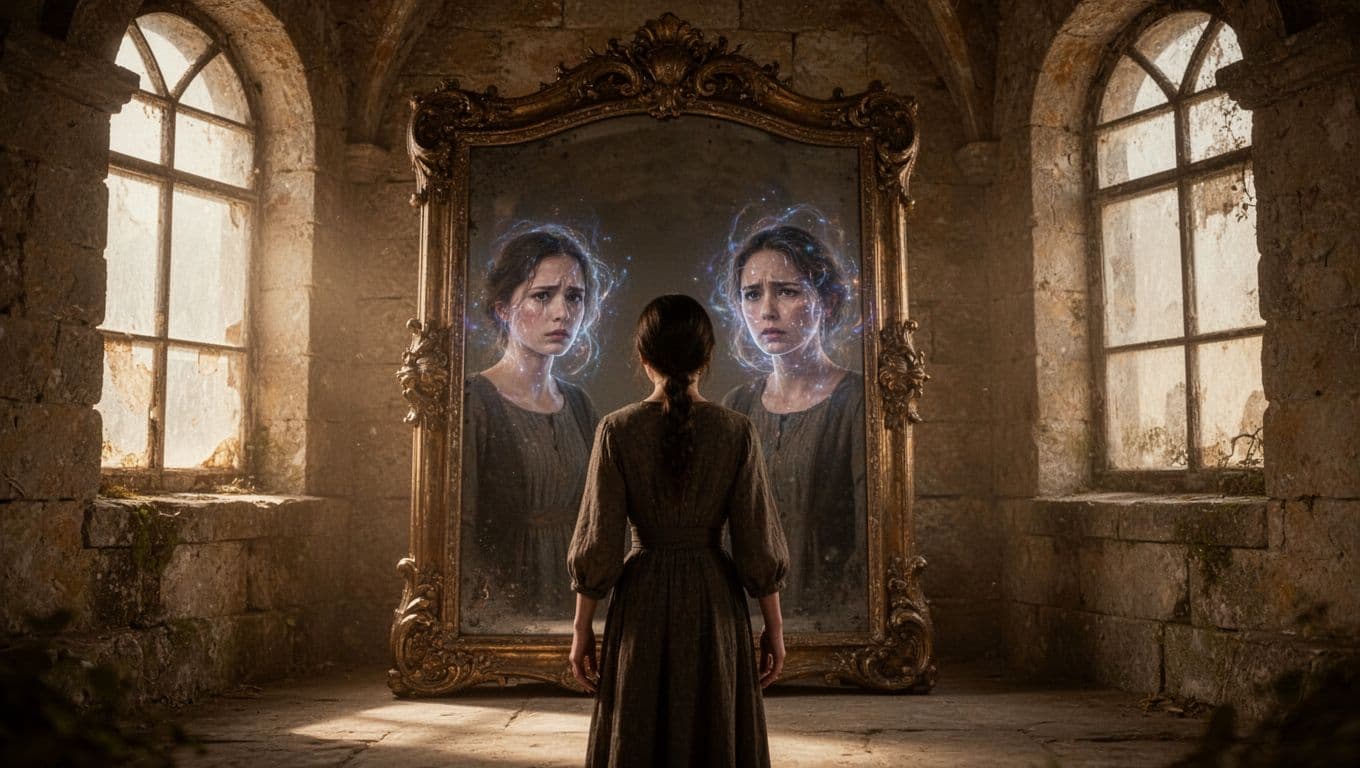 A single person stands before a large ornate mirror in a softly lit ancient room, with their reflection showing subtle glowing auras highlighting sorrow and emerging strength. Ethereal photorealistic close-up on upper body in warm ambient lighting.