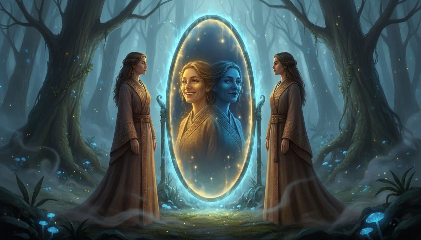 Two people stand face to face across a large glowing mirror in a misty forest clearing, their overlapping reflections showing joyful expressions and shadowed faces in ethereal blue and gold lighting.
