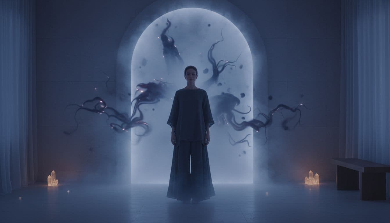 A young adult stands before a large misty mirror in a dimly lit serene room at twilight, with their reflection subtly revealing faint shadowy outlines of inner fears.