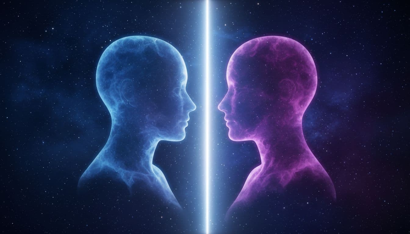 Two symmetrical ethereal silhouettes of human figures facing each other across a glowing vertical mirror line on a soft blue and purple cosmic starry background, symbolizing duality in twin flame connections.