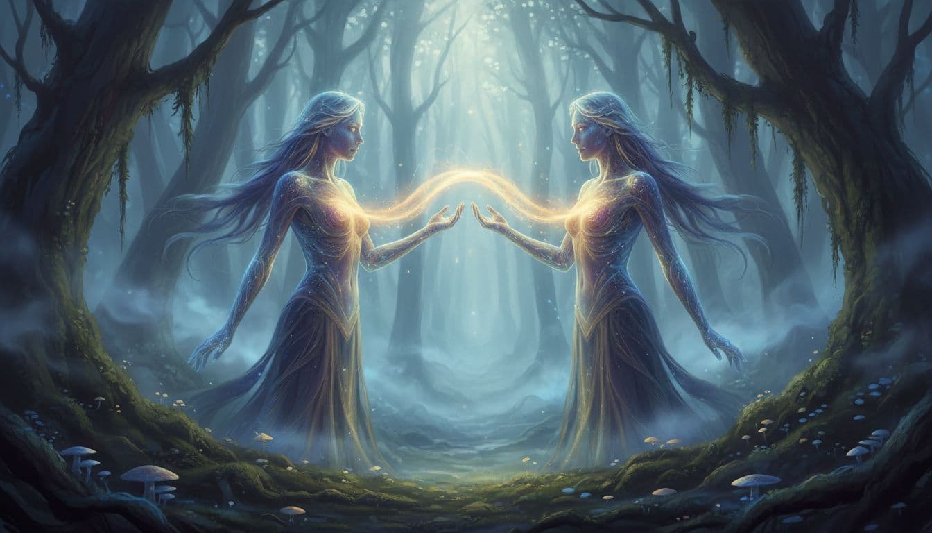 Two ethereal figures face each other closely in a misty ancient forest clearing, mirroring identical poses with intense eye contact and subtle energy glow connecting their hearts.