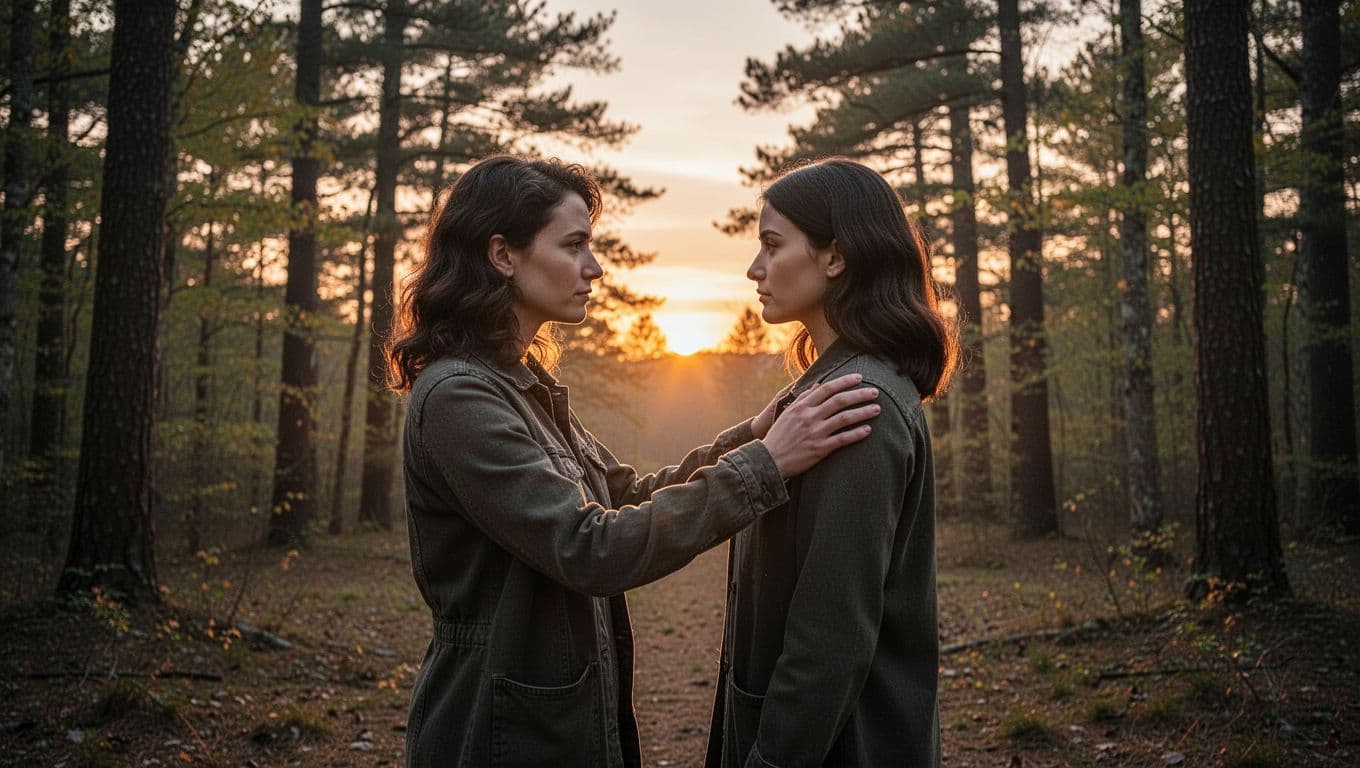 Two people face each other closely in a serene forest clearing at dawn, expressions of deep recognition and vulnerability, with symmetrical hand-on-shoulder touch amid soft golden light.