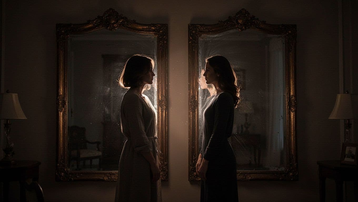 Two silhouetted figures face large antique mirrors in a dimly lit room, with reflections of intertwined light and shadows symbolizing mirroring, healing, and breaking old cycles.