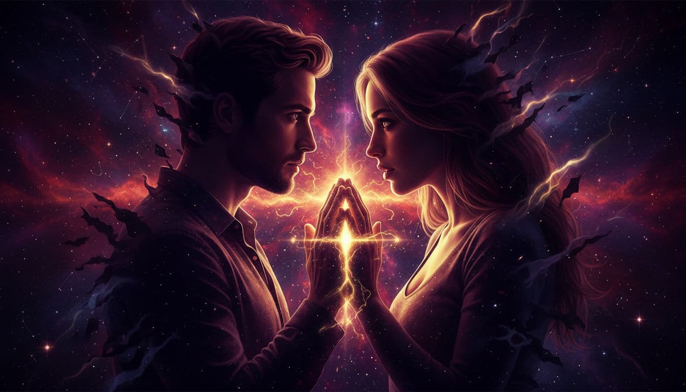 Two people gaze intensely across a starry cosmic background, hands almost touching with glowing energy, shadows turning to light in dramatic chiaroscuro of reds, purples, and blacks.