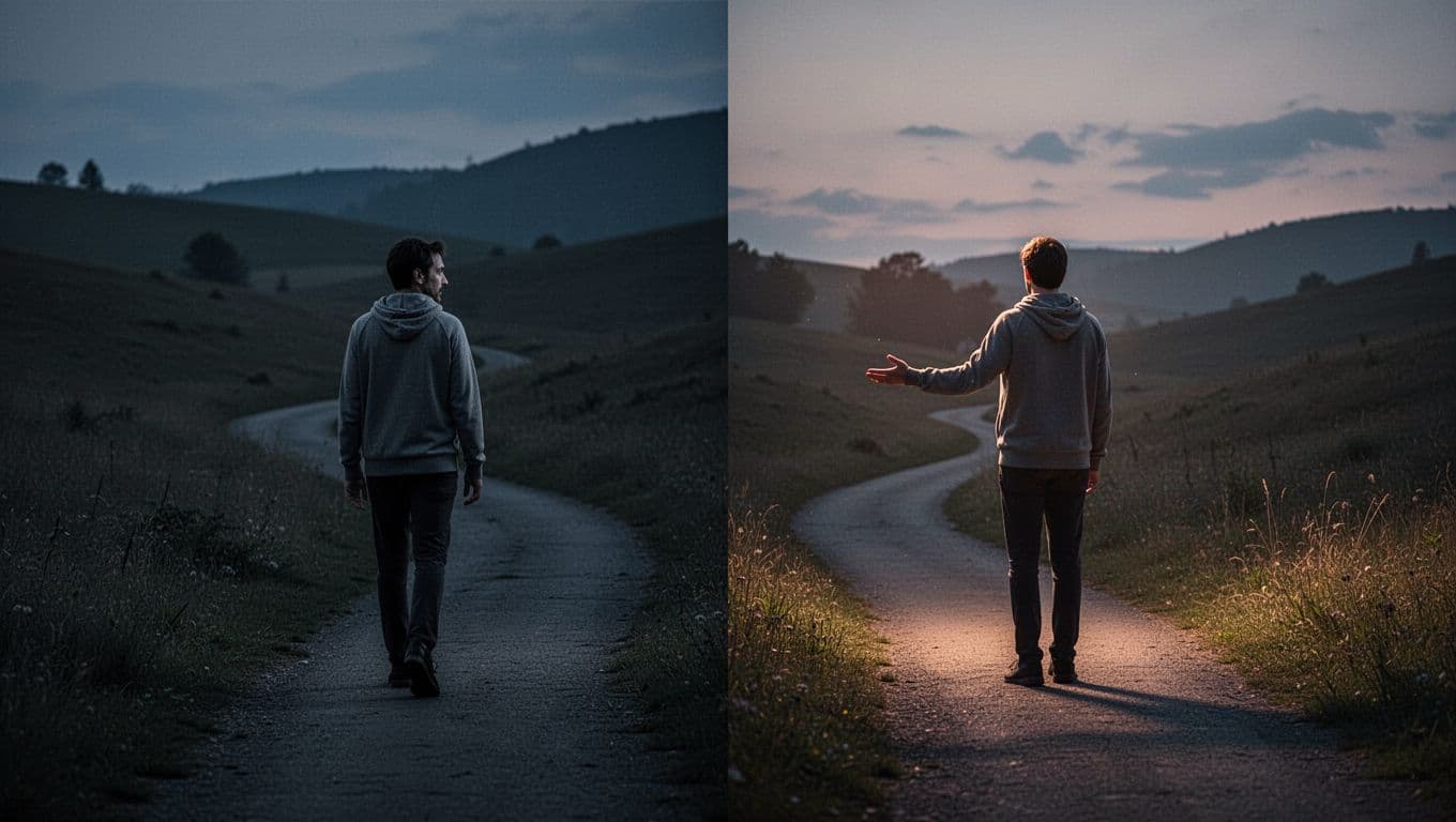 Split landscape scene: left side shows a person walking away down a dark winding path looking back hesitantly; right side depicts another person on a lit path reaching out, symbolizing emotional distance in twin flames under soft twilight lighting.