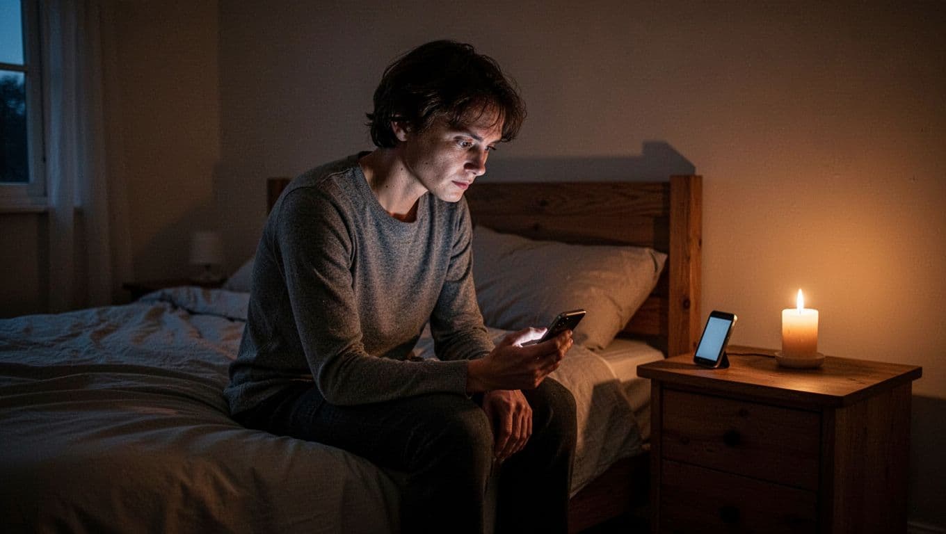 A solitary figure sits in a dimly lit bedroom at dusk, gazing at a silent smartphone on a wooden nightstand beside a flickering candle, with an expression of longing and introspection amid warm light and deep shadows emphasizing isolation.