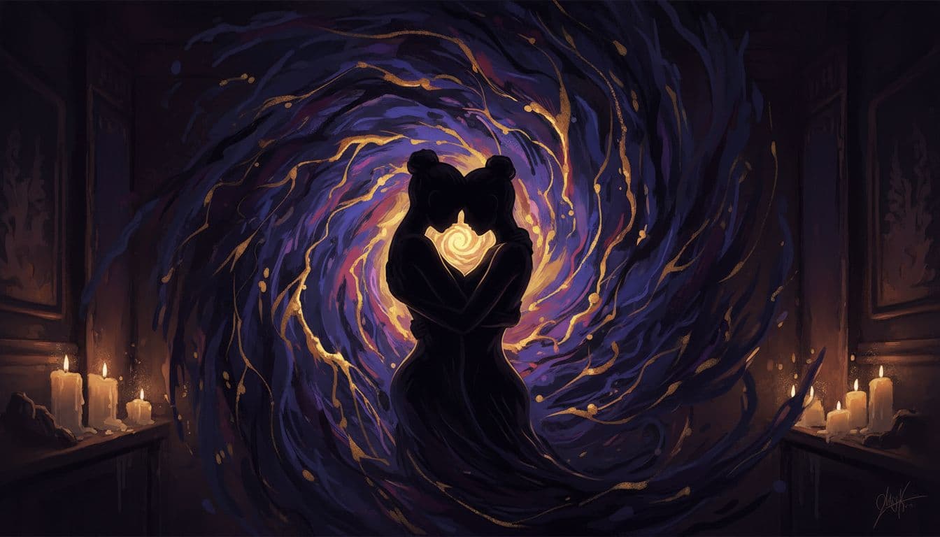 Two silhouetted figures embrace closely, their forms blending into a swirling vortex of shared energy in a candlelit dark room with purple-indigo tones and golden highlights, evoking deep transformation.